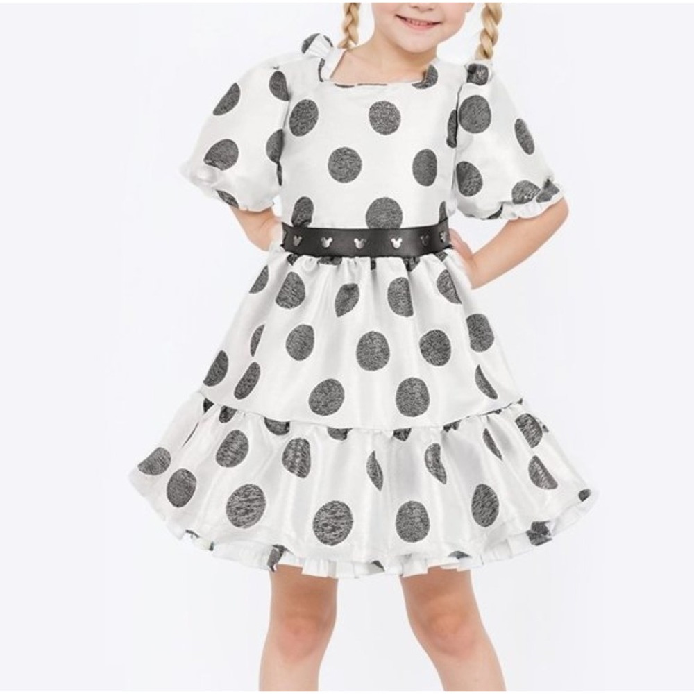 Disney Polka Dot Dress Kids Size 7/8 White Grey Mickey Studded Belt Bow Back